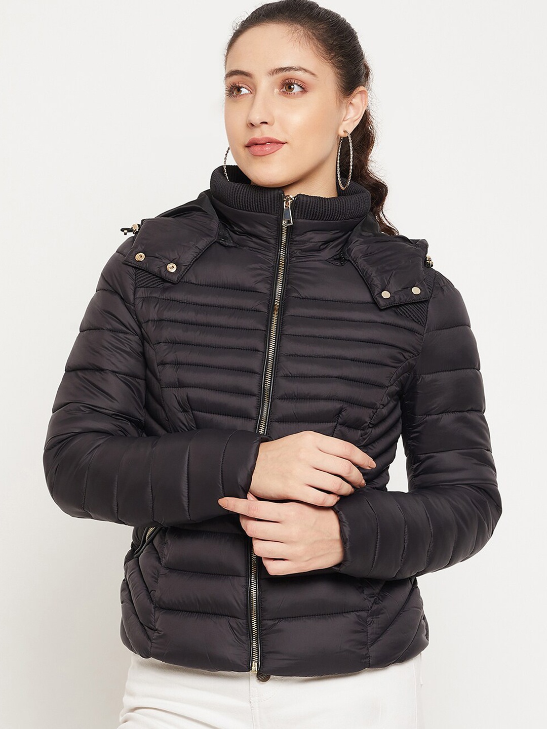 

Madame Women Black Solid Hooded Puffer Jacket