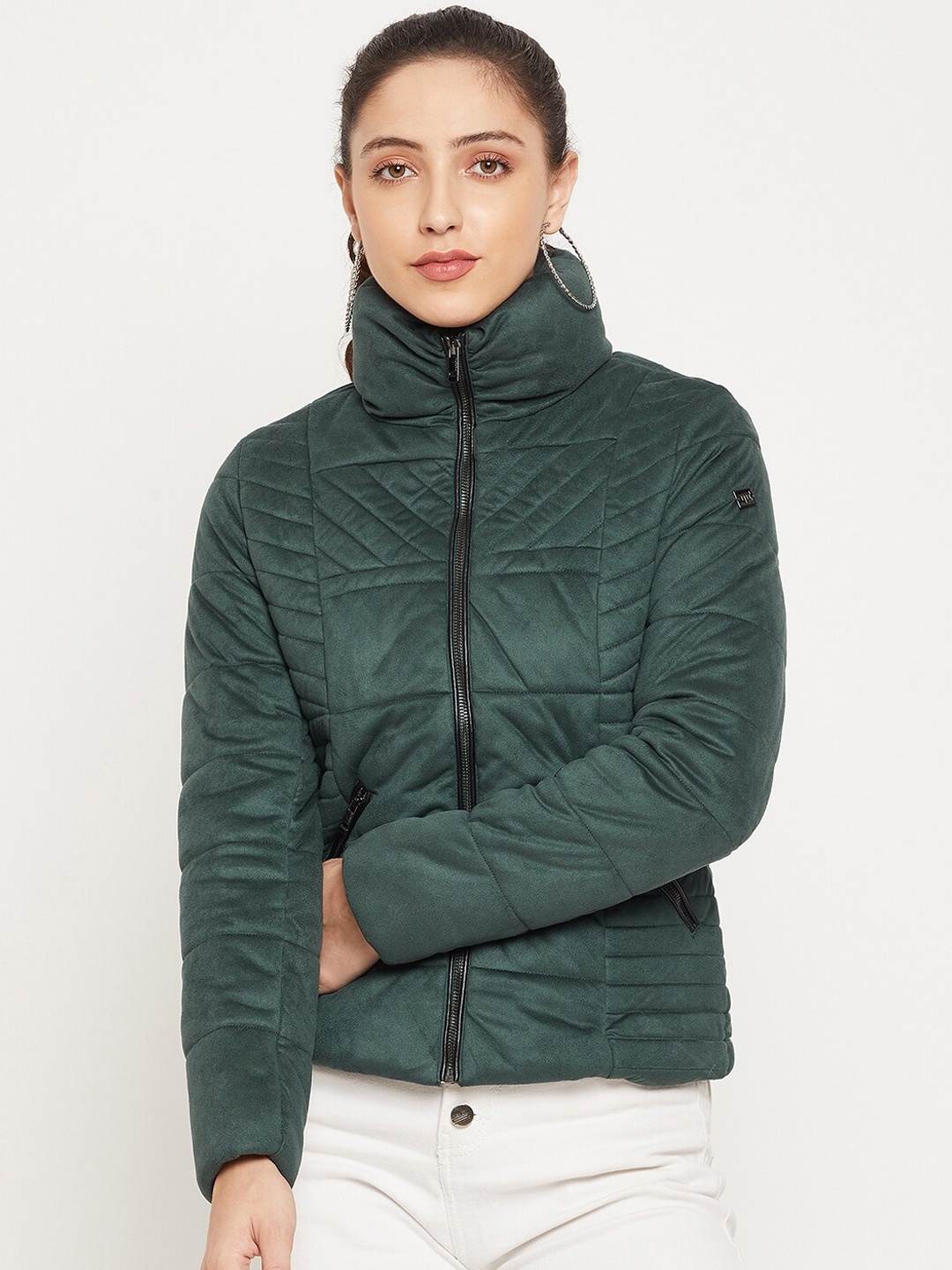 

Madame Women Green Solid Quilted Jacket