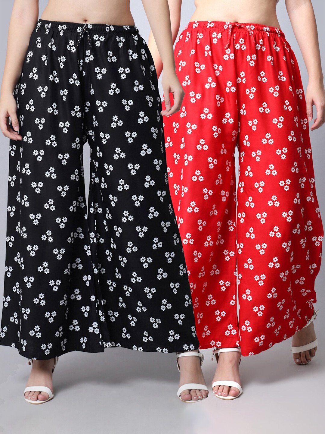 

GRACIT Women Pack of 2 Black & Red Floral Printed Flared Palazzos