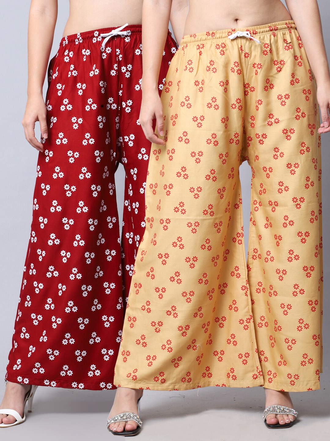 

GRACIT Women Beige & Maroon Pack Of 2 Ethnic Motifs Printed Flared Palazzos