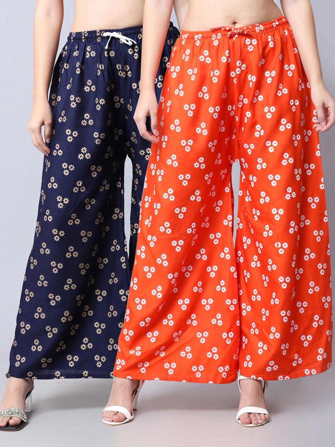 

GRACIT Women Orange & Navy Blue Set Of 2 Floral Printed Flared Ethnic Palazzos