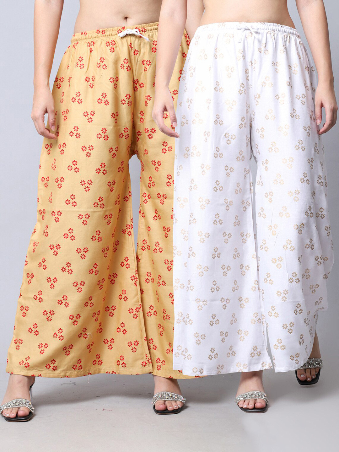 

GRACIT Women White & Cream-Coloured Pack Of 2 Floral Printed Flared Ethnic Palazzos