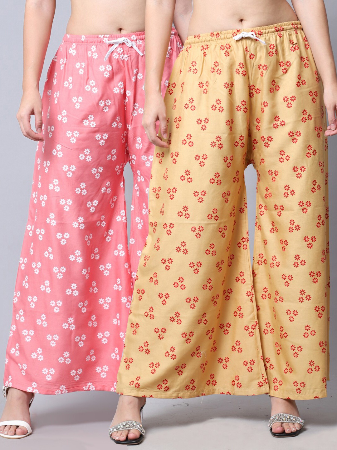 

GRACIT Women Beige & Pink 2 Floral Printed Flared Palazzos