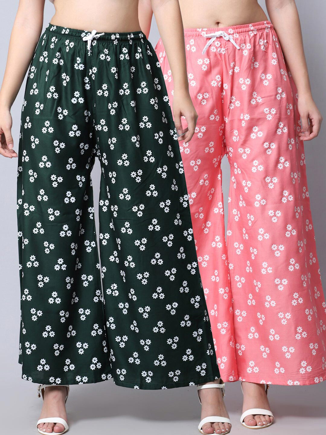 

GRACIT Women Pack of 2 Green & Pink Floral Printed Flared Palazzos
