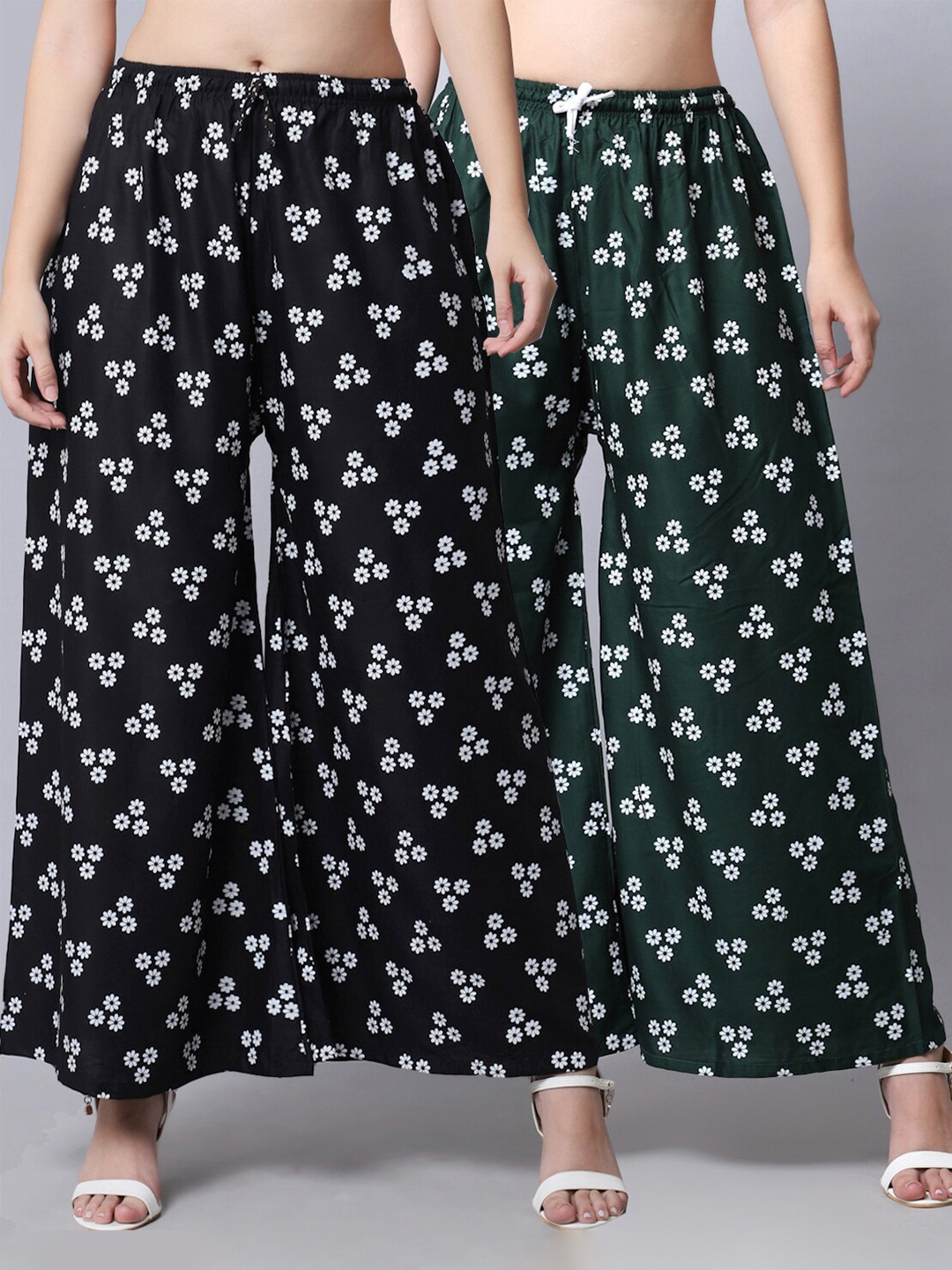 

GRACIT Women Pack Of 2 Black & Green Floral Printed Viscose Rayon Flared Palazzos