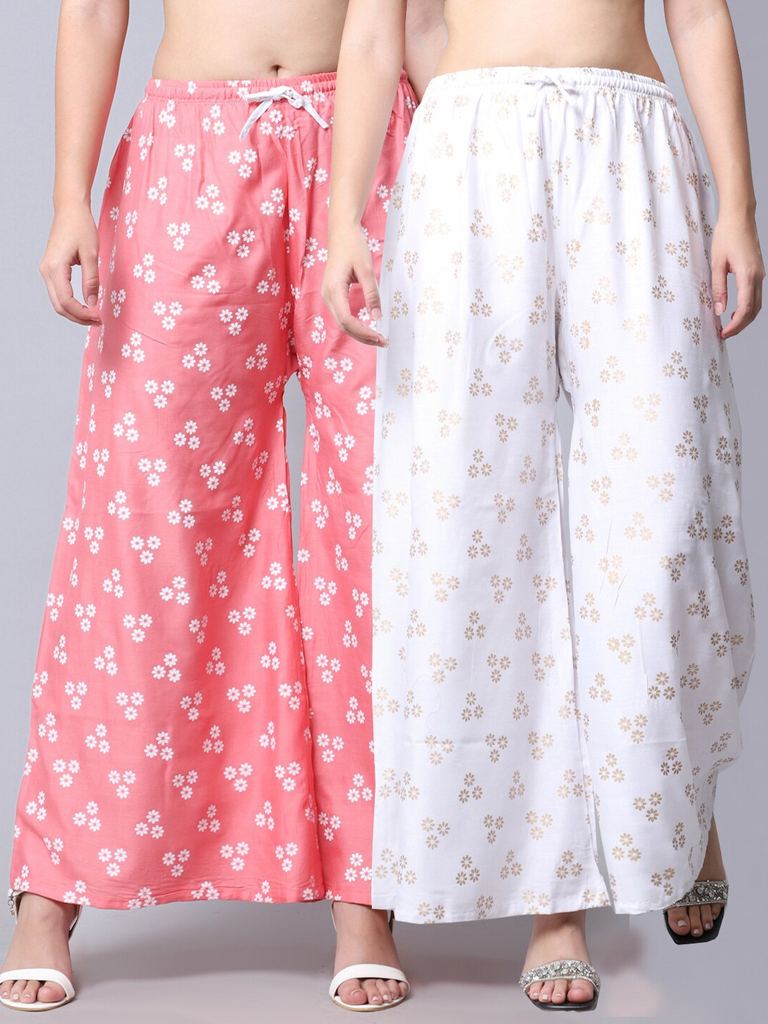 

GRACIT Women White & Peach-Coloured 2 Floral Printed Flared Palazzos