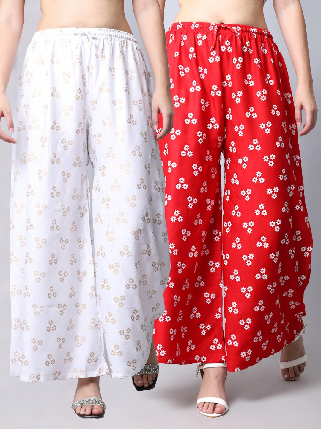 

GRACIT Women White & Red Set Of 2 Floral Printed Flared Ethnic Palazzos