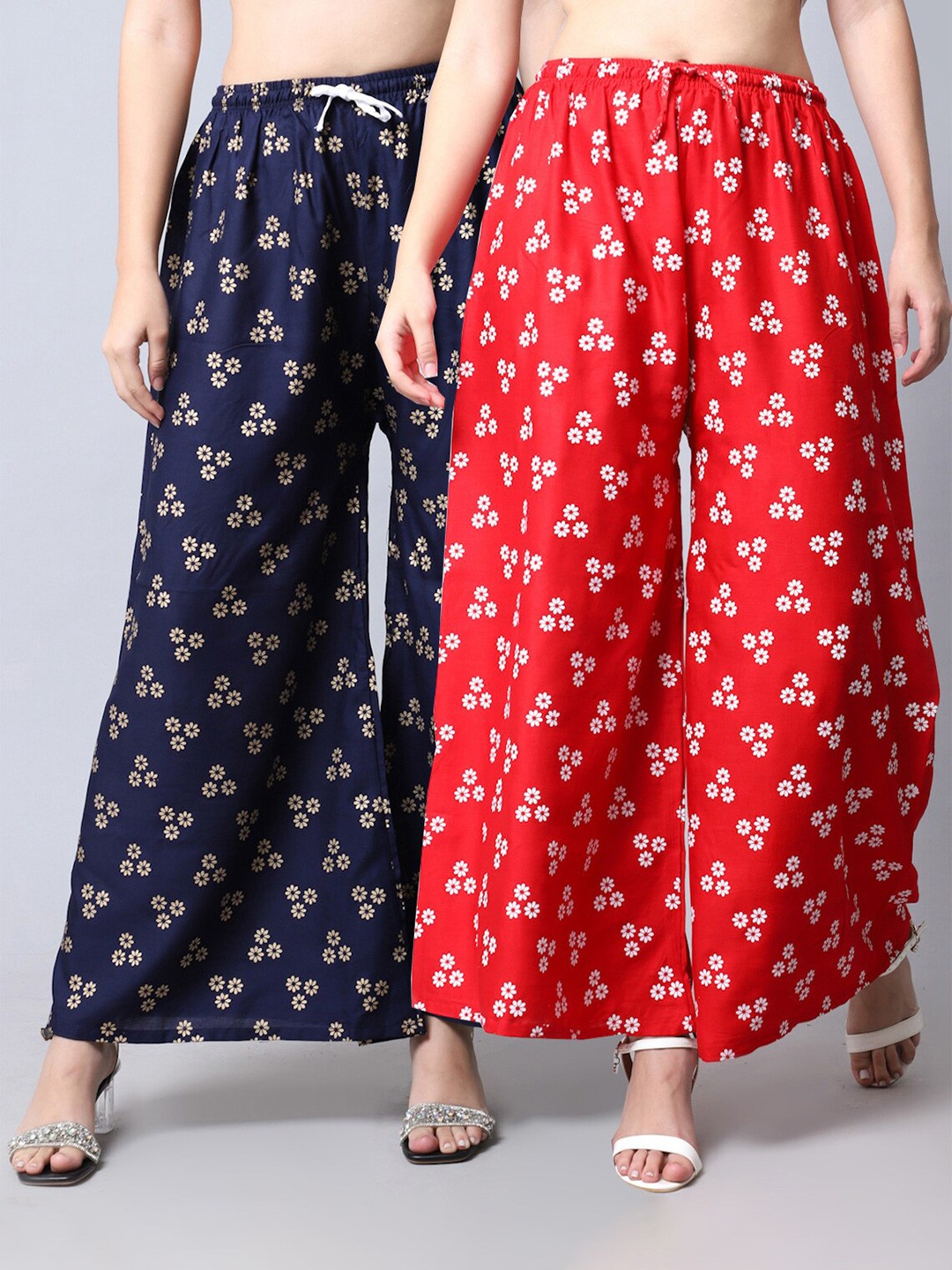 

GRACIT Women Red & Navy Blue Pack of 2 Floral Printed Flared Palazzos