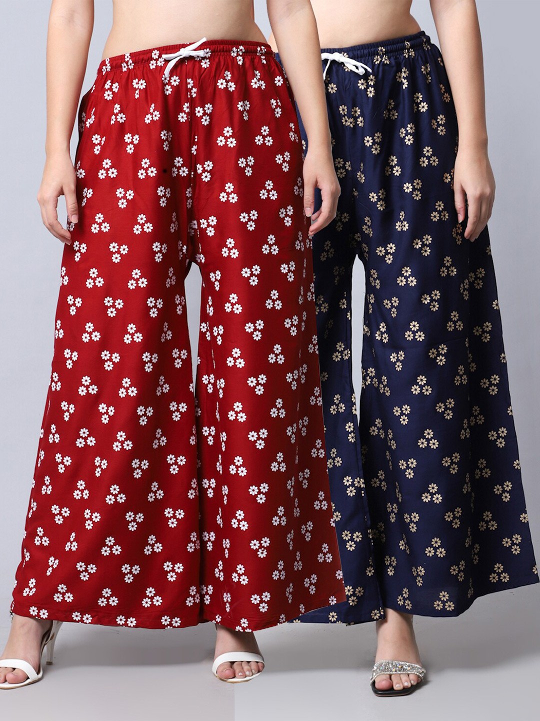 

GRACIT Women Pack Of 2 Maroon & Navy Blue Floral Printed Viscose Rayon Flared Palazzos