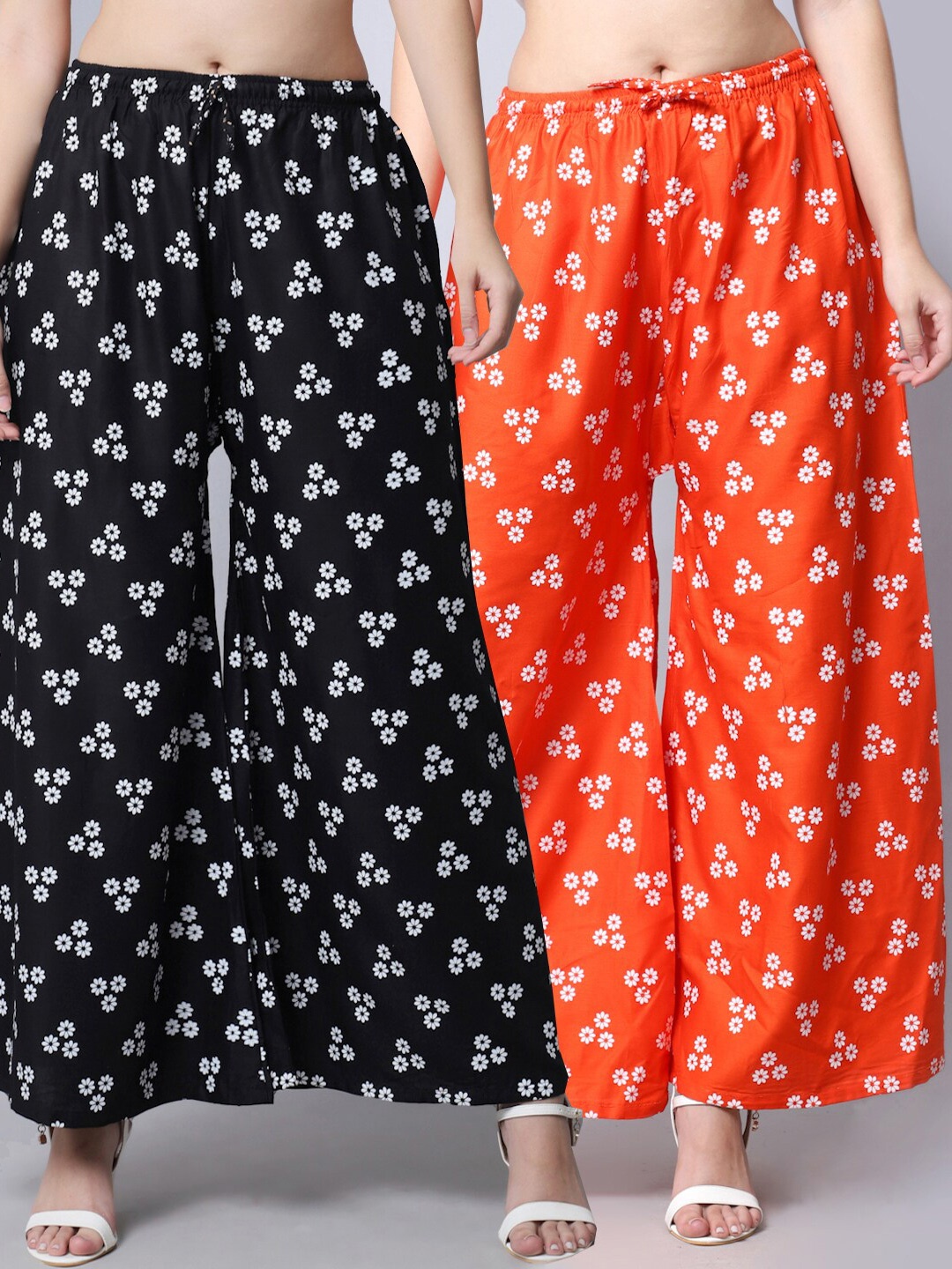 

GRACIT Women Black & Orange Pack of 2 Floral Printed Flared Palazzos