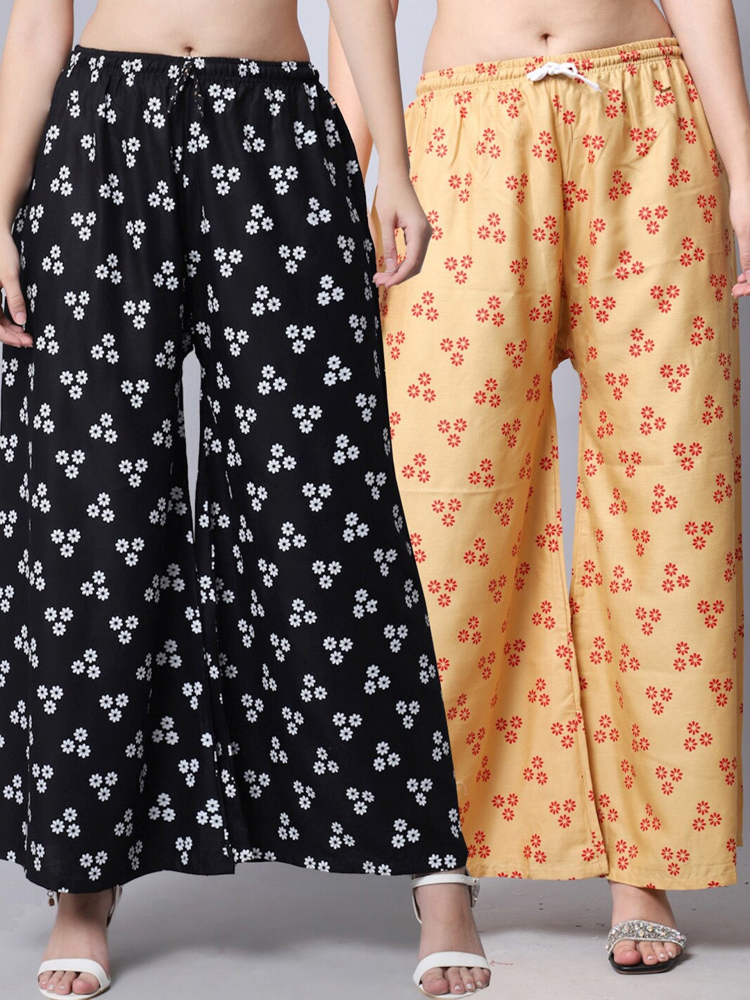 

GRACIT Women Pack of 2 Floral Printed Flared Palazzos, Black