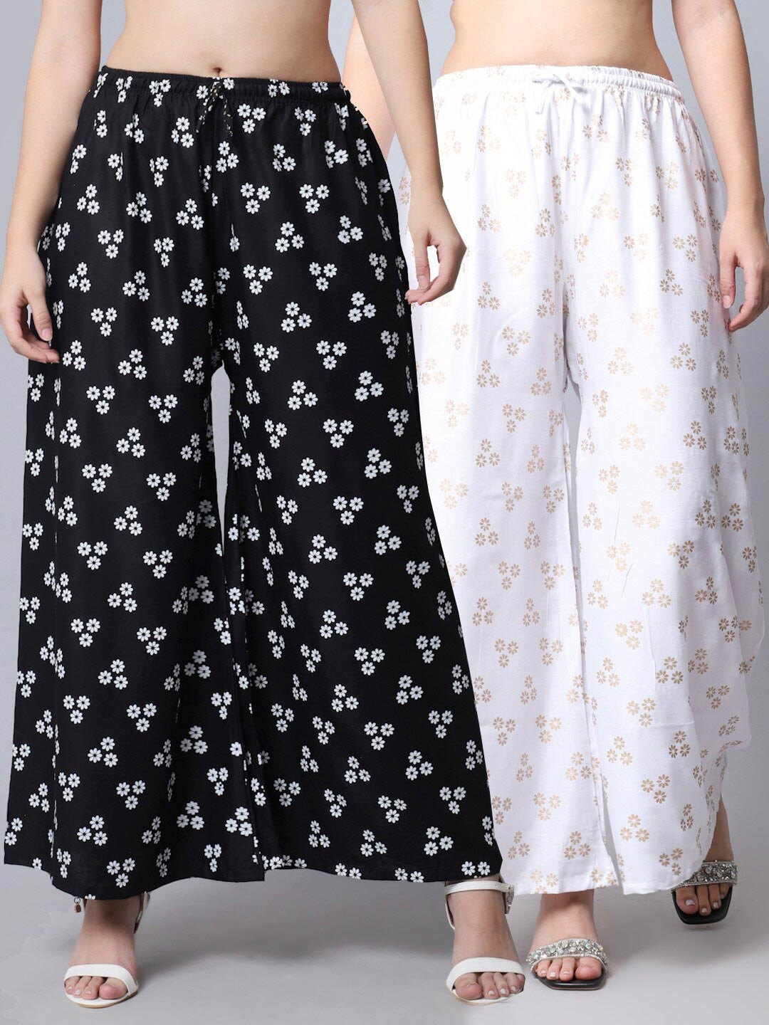 

GRACIT Women Pack Of 2 Floral Printed Flared Palazzos, Black