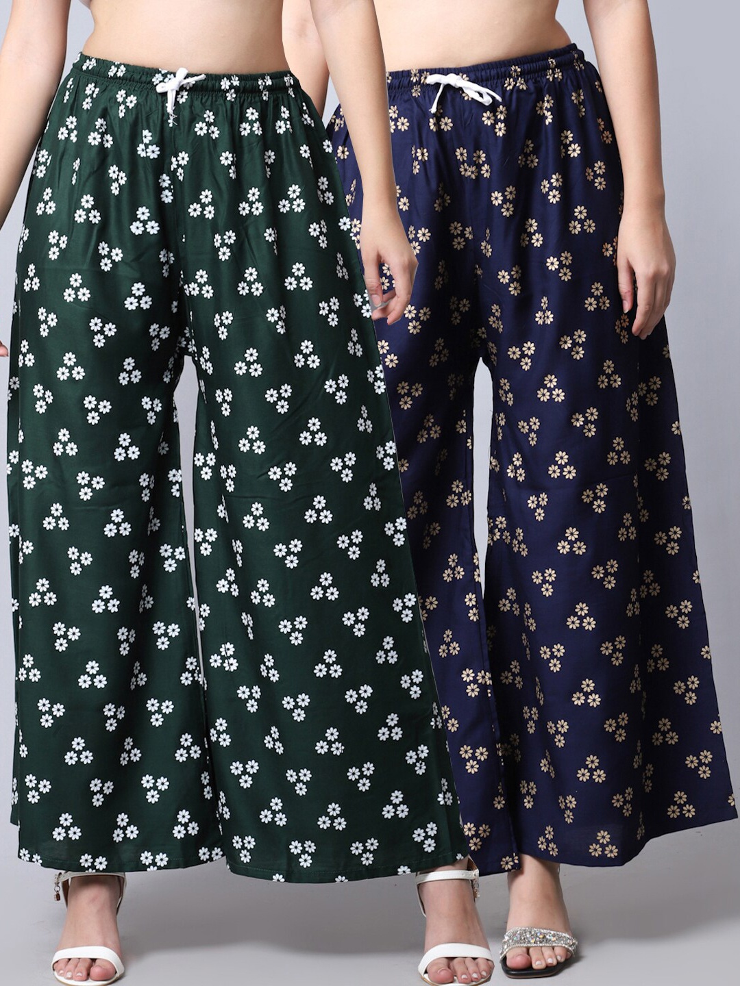 

GRACIT Women Pack Of 2 Floral Printed Flared Palazzos, Green