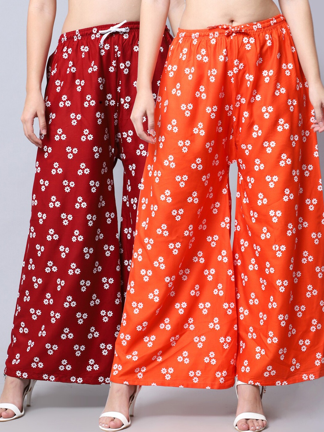 

GRACIT Women Pack Of 2 Orange & Maroon Floral Printed Viscose Rayon Flared Palazzos
