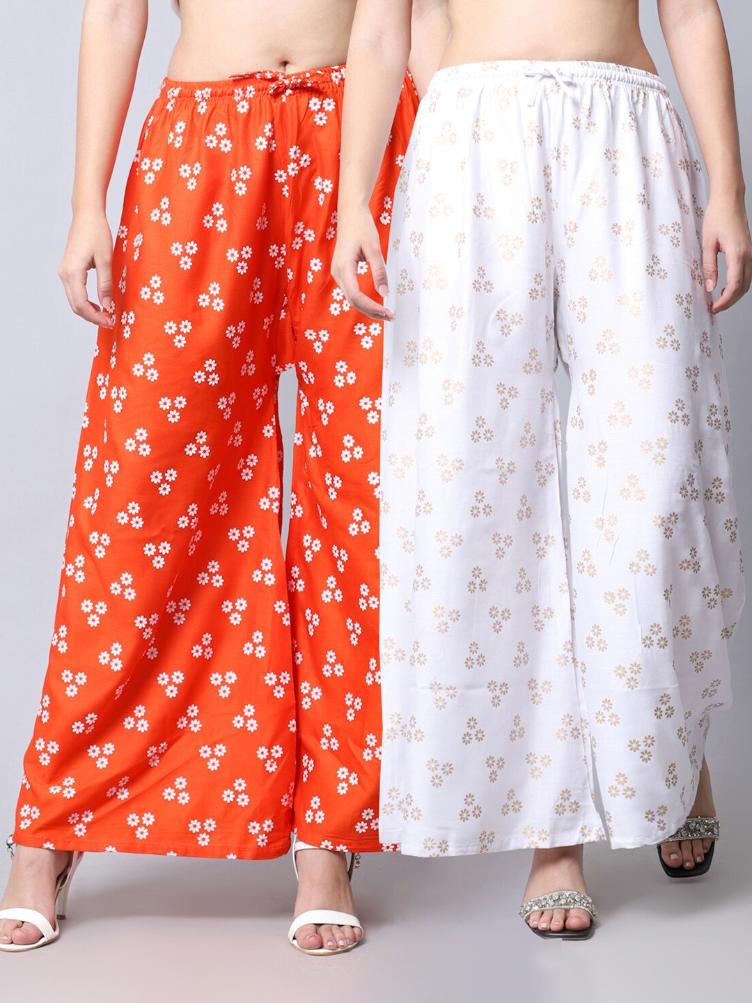 

GRACIT Women Pack of 2 White & Orange Floral Printed Flared Palazzos