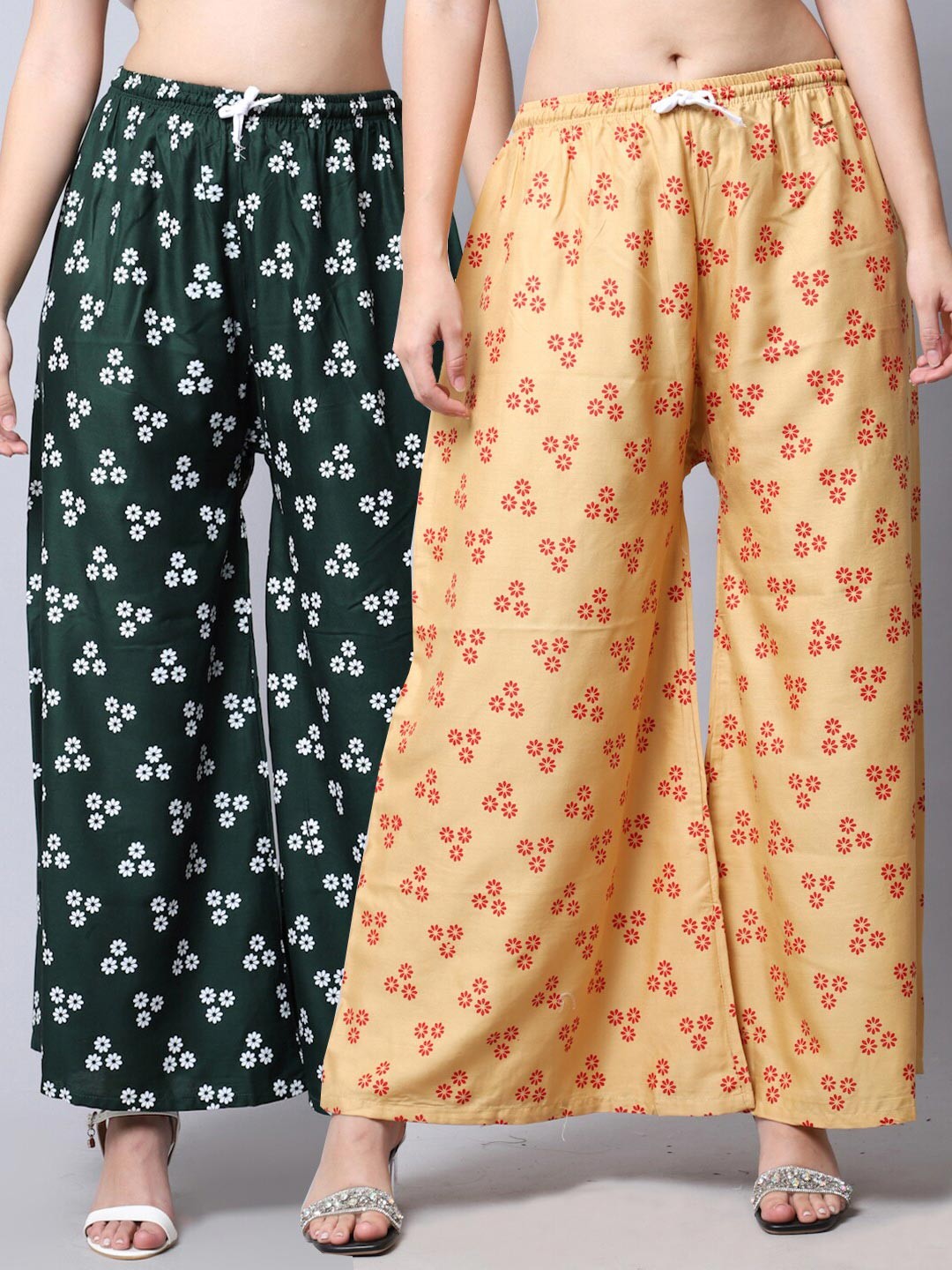 

GRACIT Women Pack of 2 Beige & Green Printed Flared Palazzos