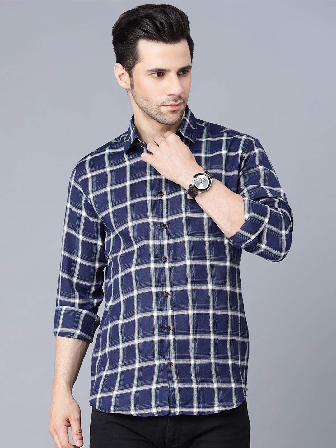

MR KAMEEJ Men Navy Blue Comfort Windowpane Checked Pure Cotton Casual Shirt