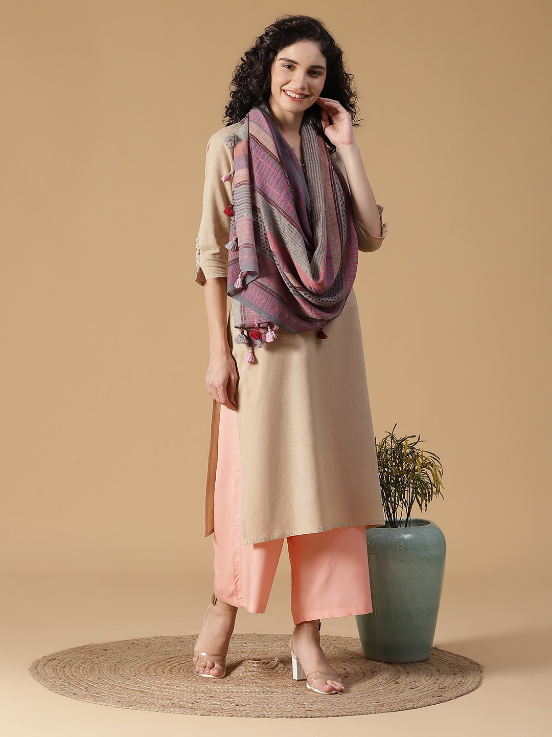 

SHINGORA Women Purple & Pink Striped Wool Stole With Tasselled Border