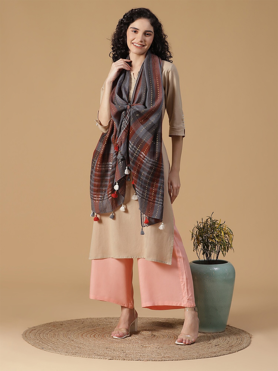 

SHINGORA Women Grey & Brown Striped Stole