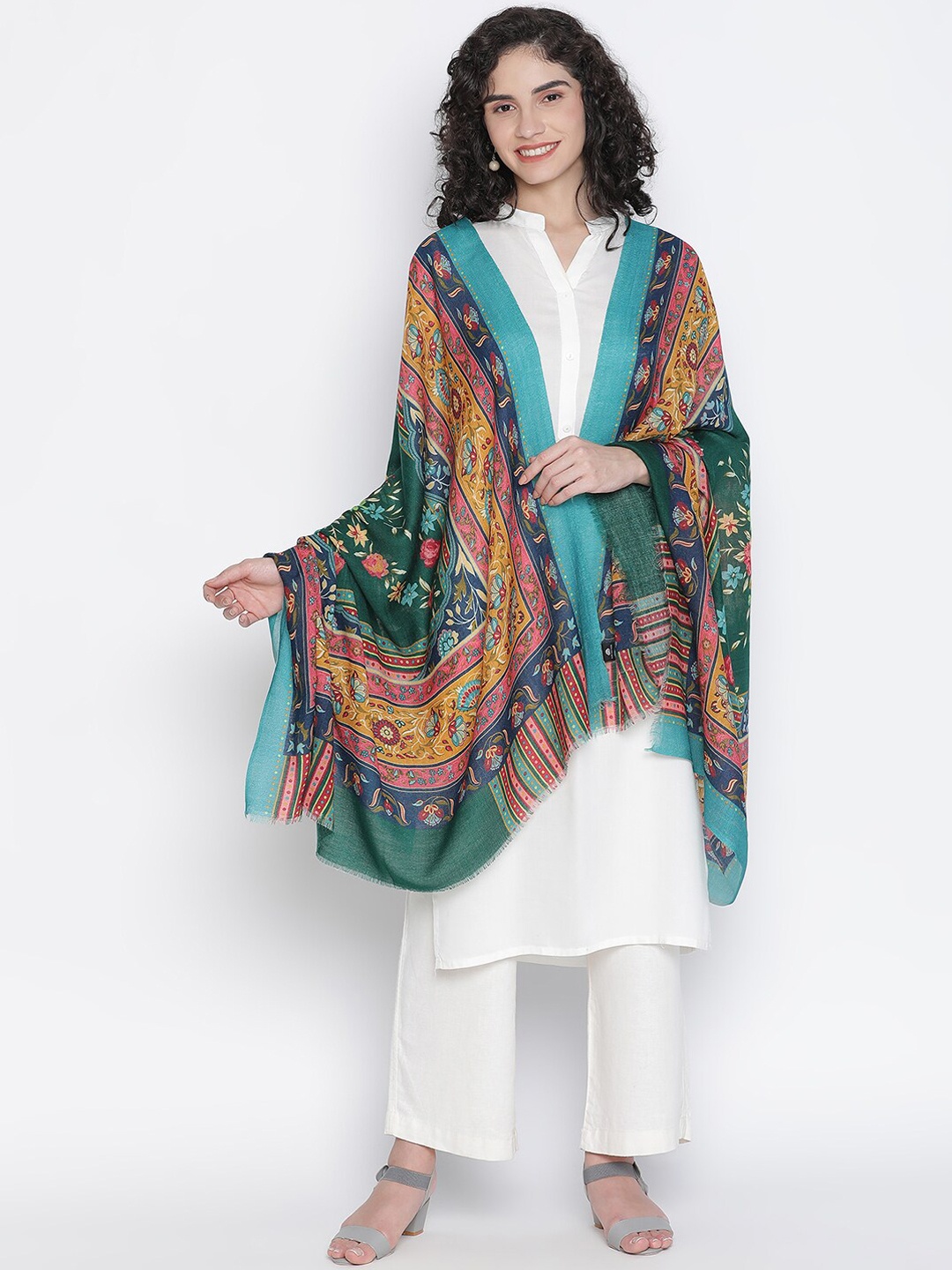 

SHINGORA Green Pure Woollen Floral Printed Shawl