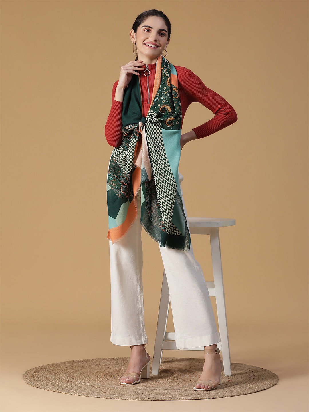 

SHINGORA Women Green & Peach-Coloured Printed Stole