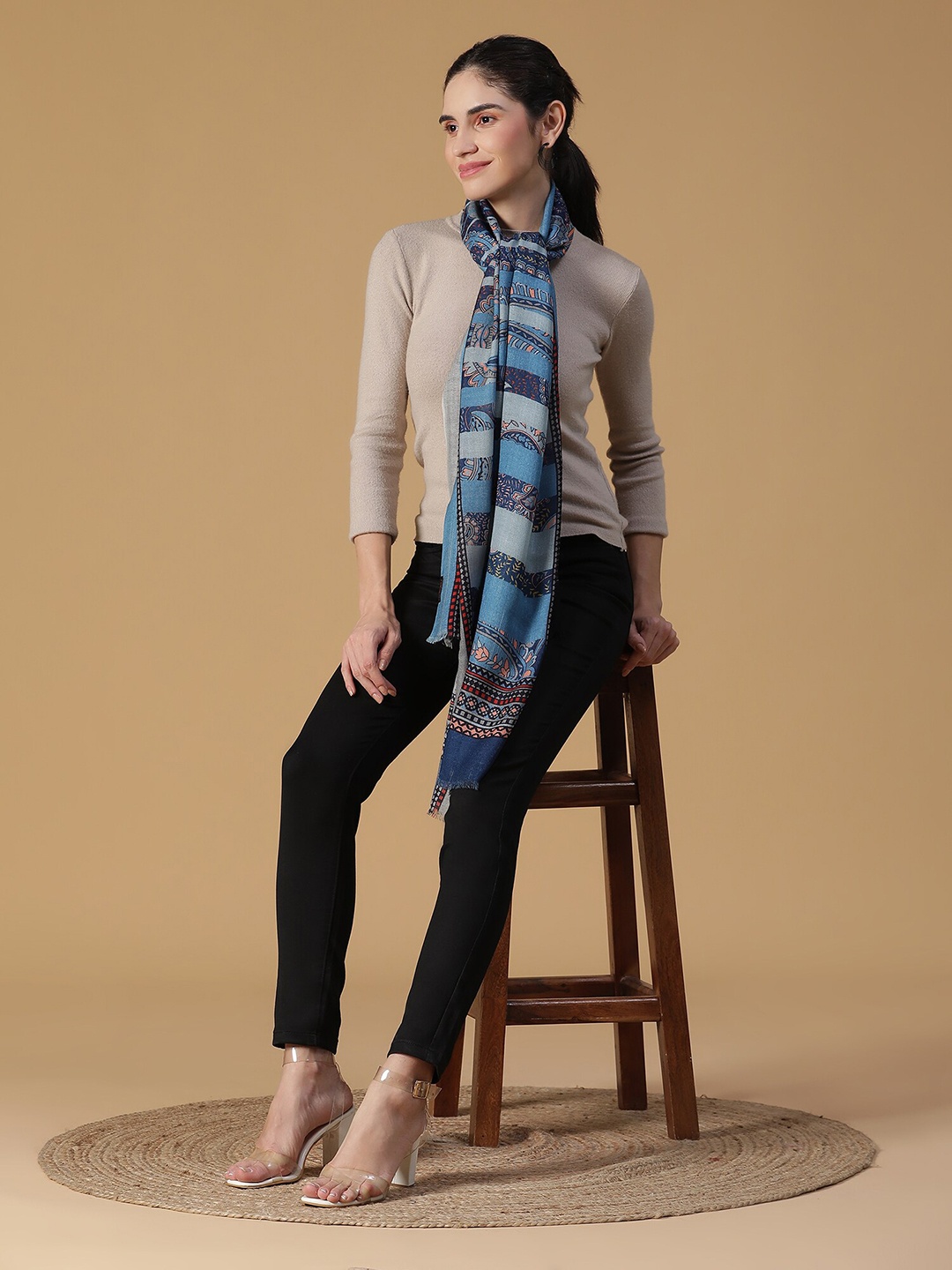 

SHINGORA Women Blue & White Printed Wool Blend Stole