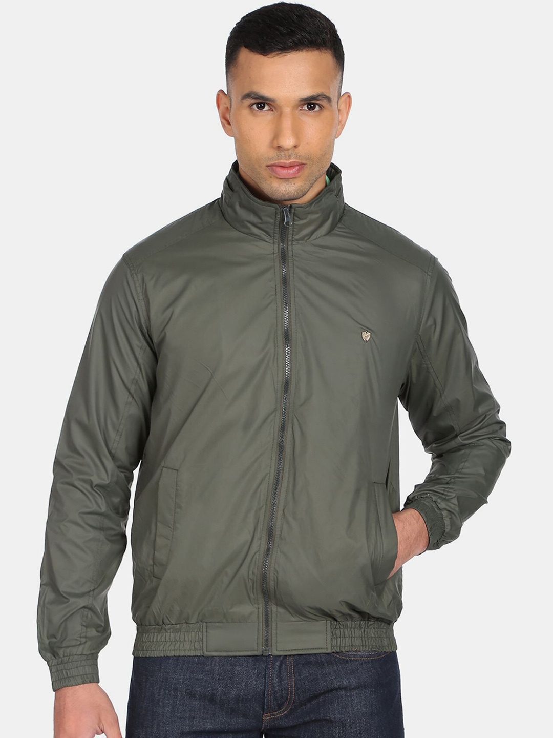 

Ruggers Men Green Solid Concealed Hooded Casual Bomber Jacket