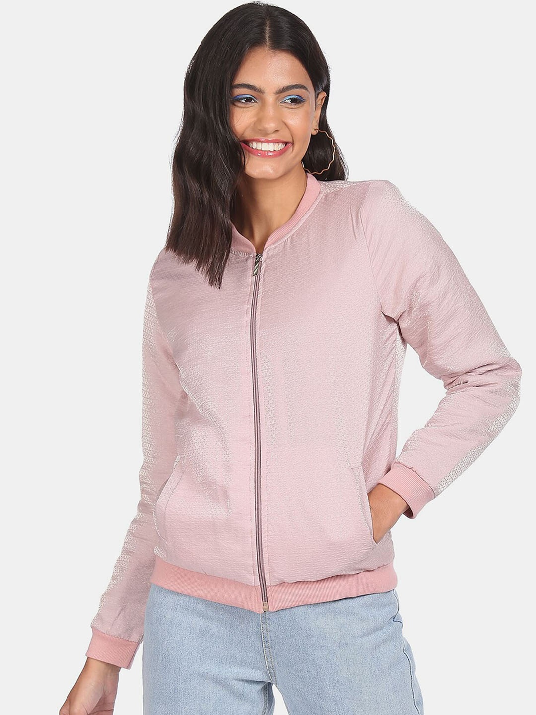 

Sugr Women Pink Textured Bomber Jacket