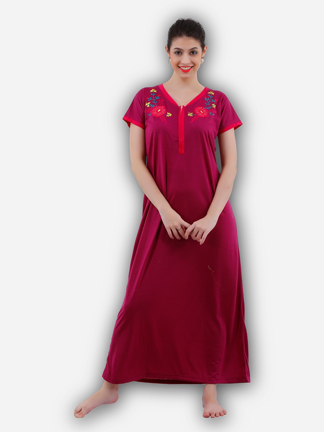 

Romaisa Maroon Embroidered Maxi Nightdress