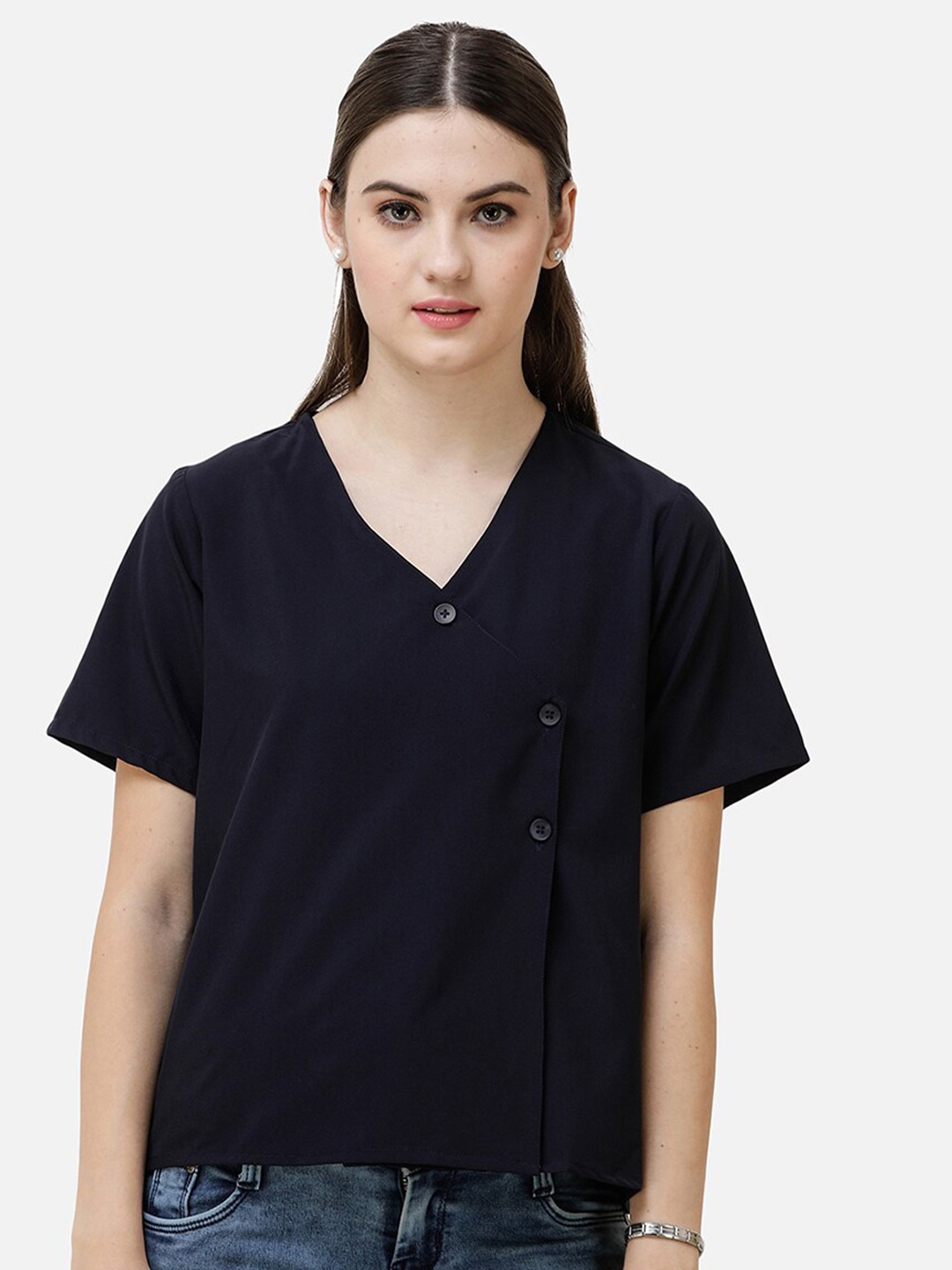 

DECHEN Women Navy Blue Solid Top