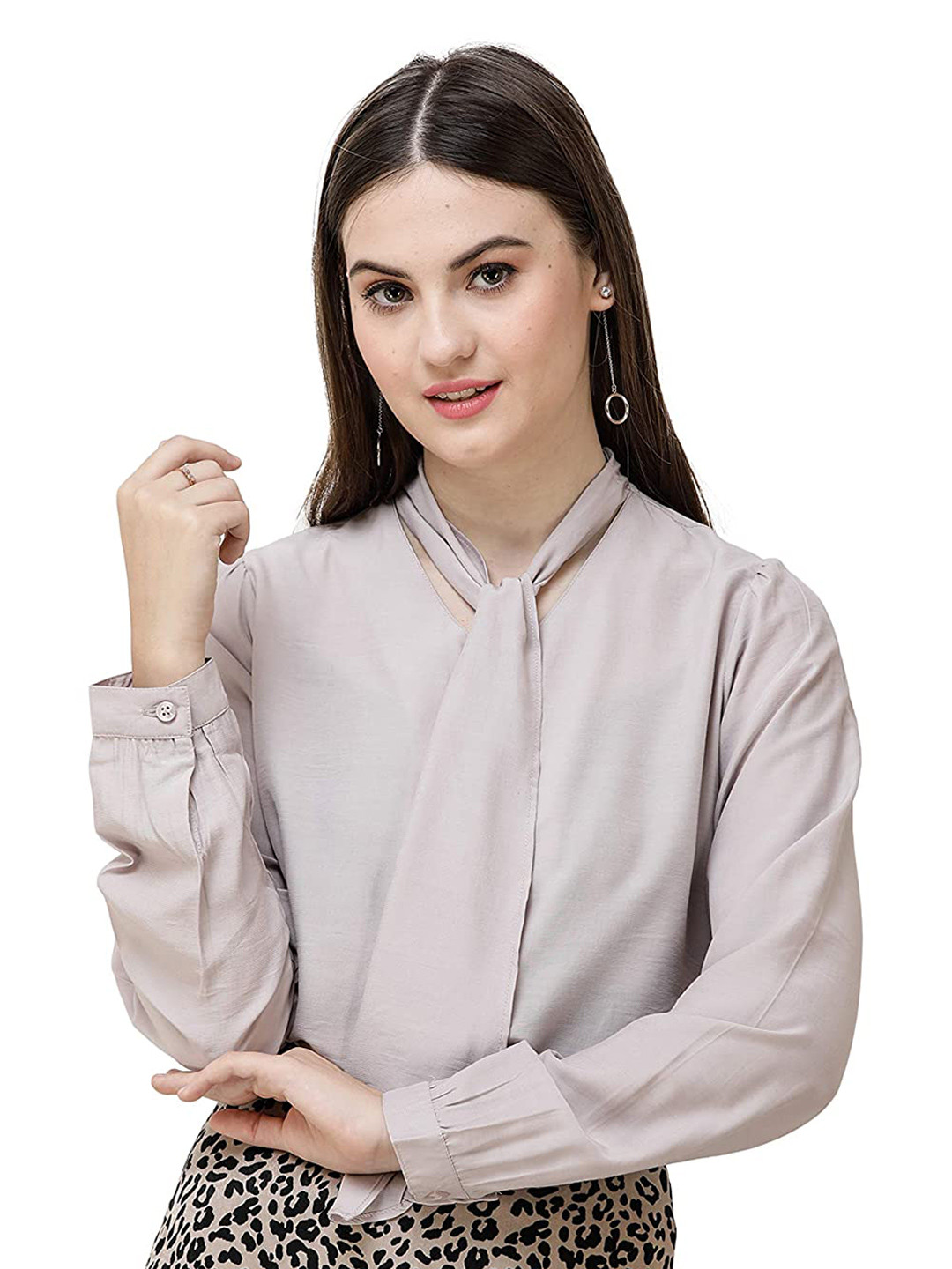 

DECHEN Pink Solid Tie-Up Neck Top