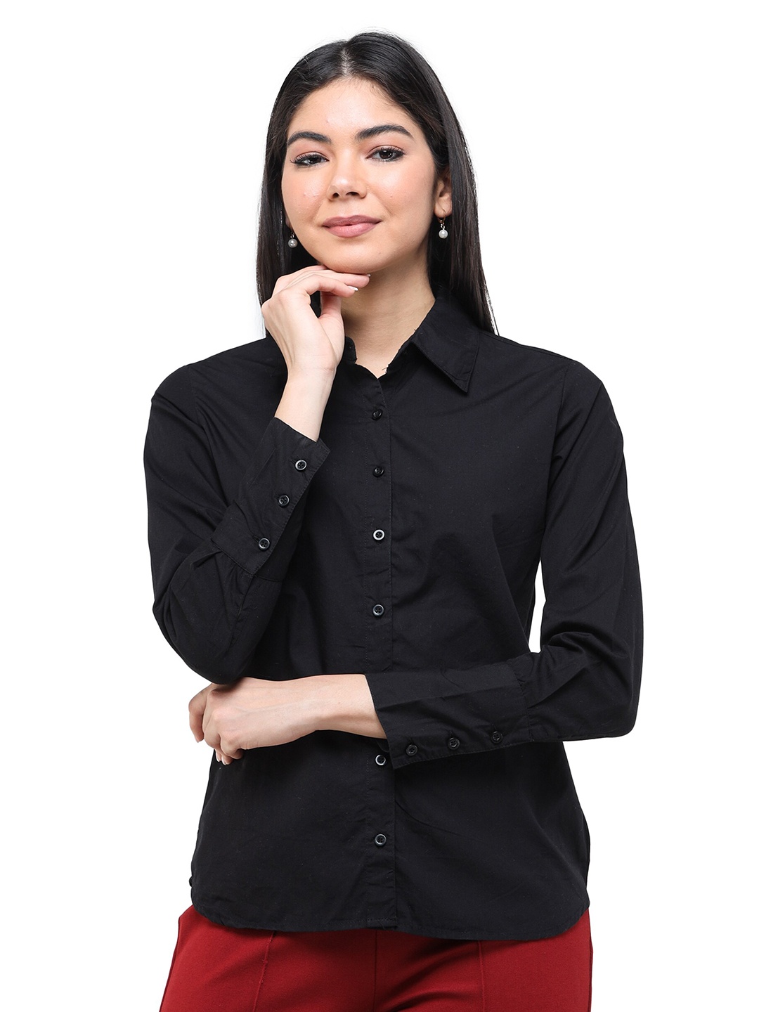 

DECHEN Women Black Cotton Blend Full Sleeve Solid Shirt