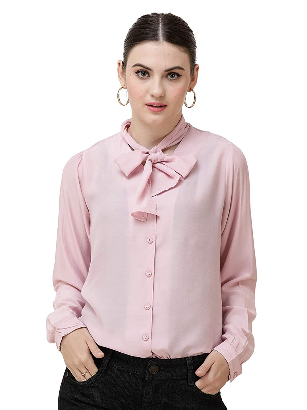 

DECHEN Women's Cuff Sleeves Baby Pink Tie-Up Neck Shirt