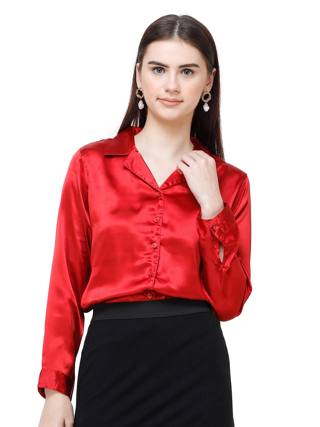 

DECHEN Women's Red Notch Collar Neck Satin Fabric Shirt