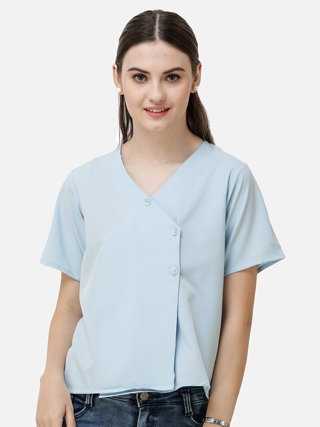 

DECHEN Women's Light Blue Side Half Sleeve V-Neck Wrap Shirt
