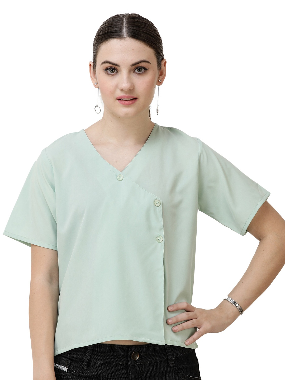 

DECHEN Women's Mint Green Half Sleeve V-Neck Side Wrap Shirt