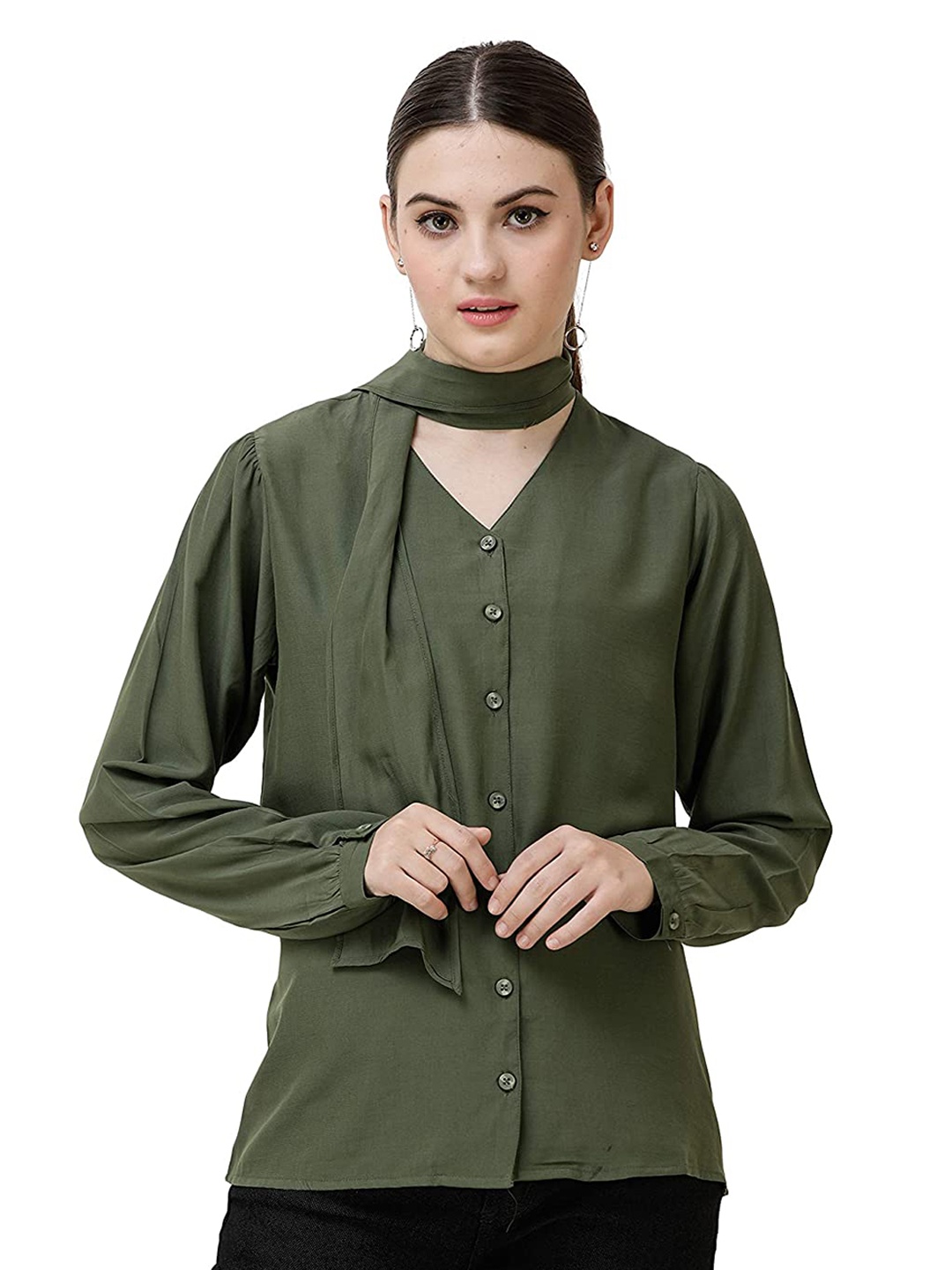 

DECHEN Women's Olive Green Full sleeves Tie up Neck Scarf Neck Shirt