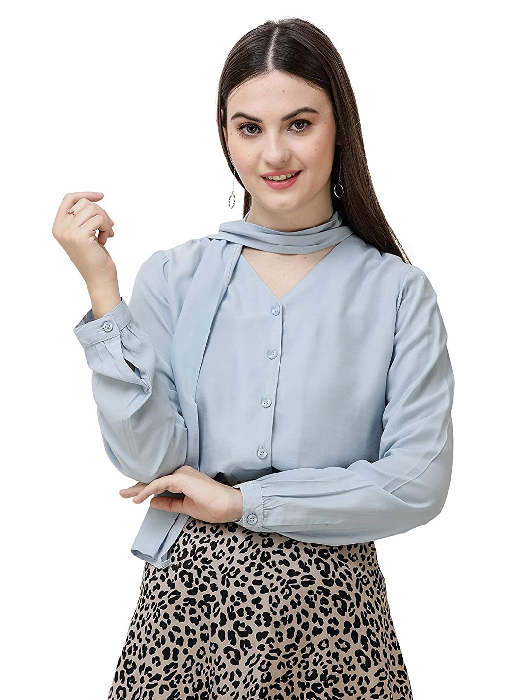 

DECHEN Women Blue Tie-Up Neck Slim Fit Casual Shirt