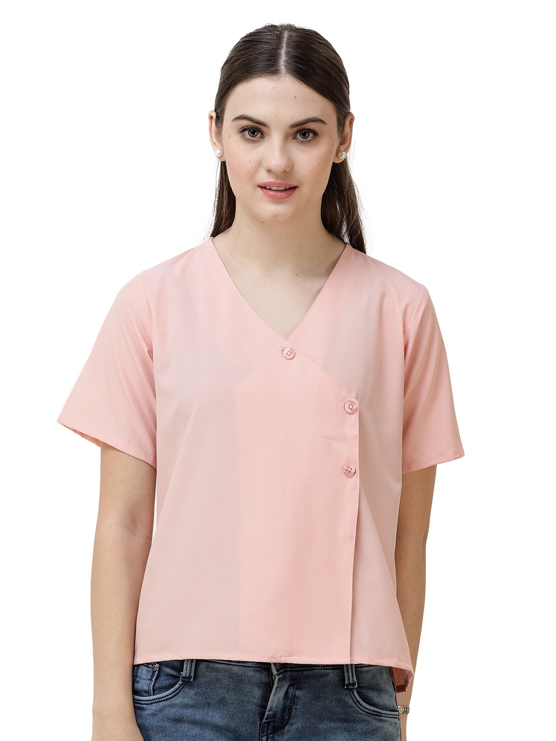 

DECHEN Women Pink Slim Fit Side Wrap Shirt