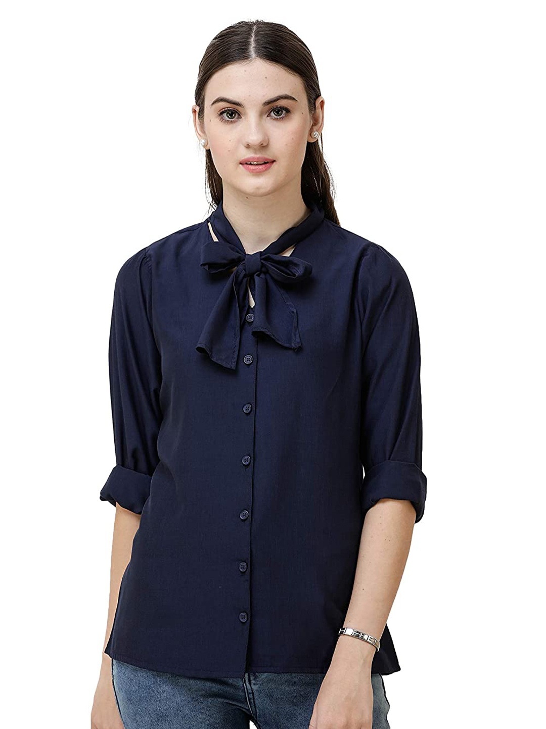 

DECHEN Women Navy Blue Tie-Up Neck Slim Fit Casual Shirt