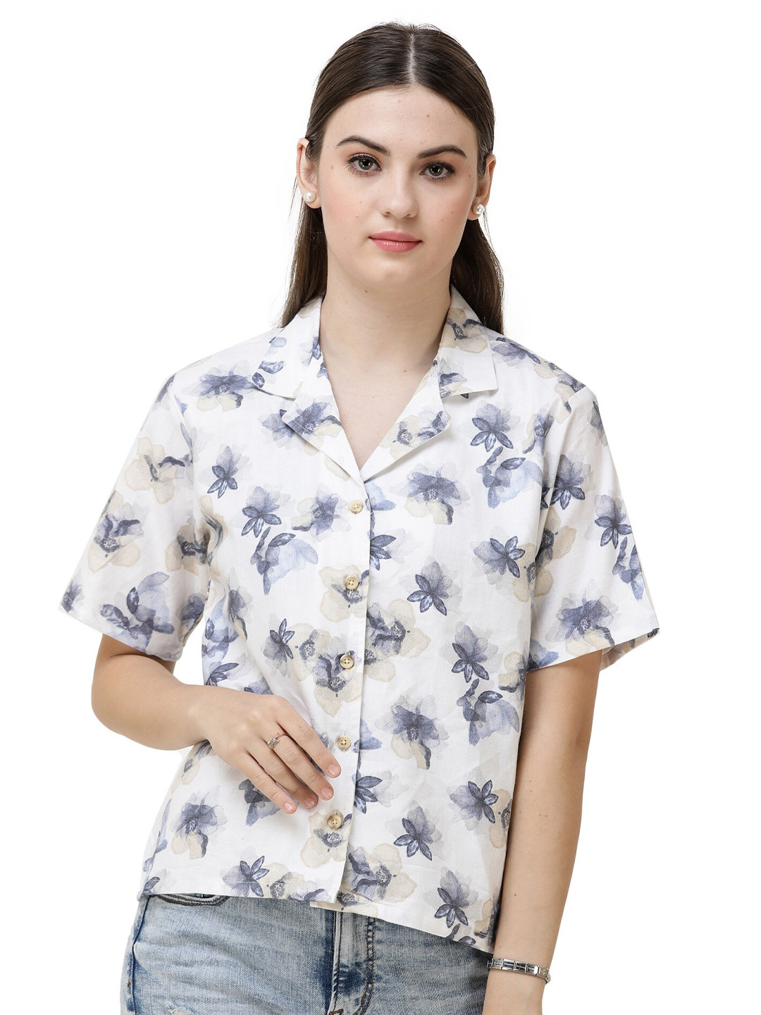 

DECHEN Women Blue Slim Fit Floral Printed Casual Shirt