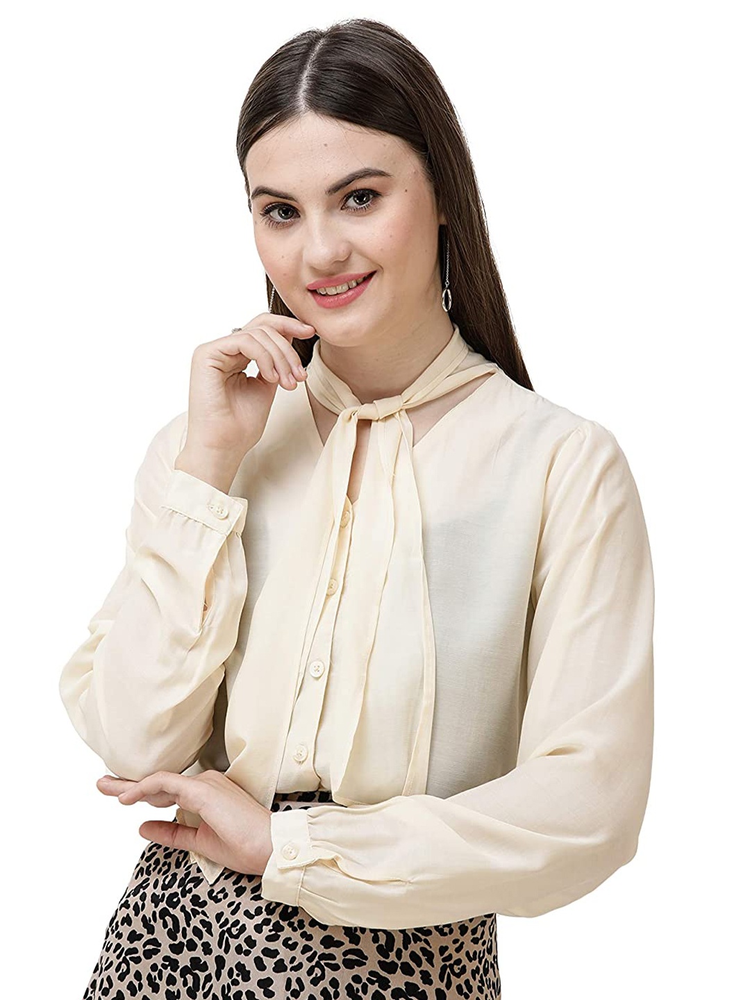 

DECHEN Women Cream-Coloured Tie-Up Neck Slim Fit Casual Shirt