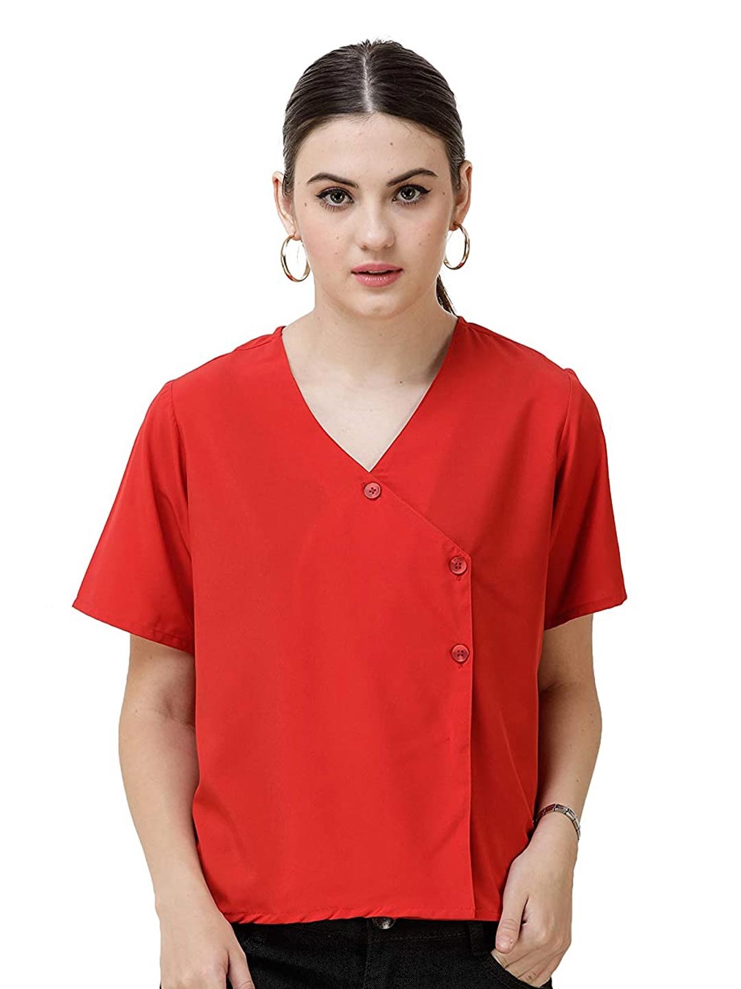 

DECHEN Women Red Slim Fit Side Wrap Shirt