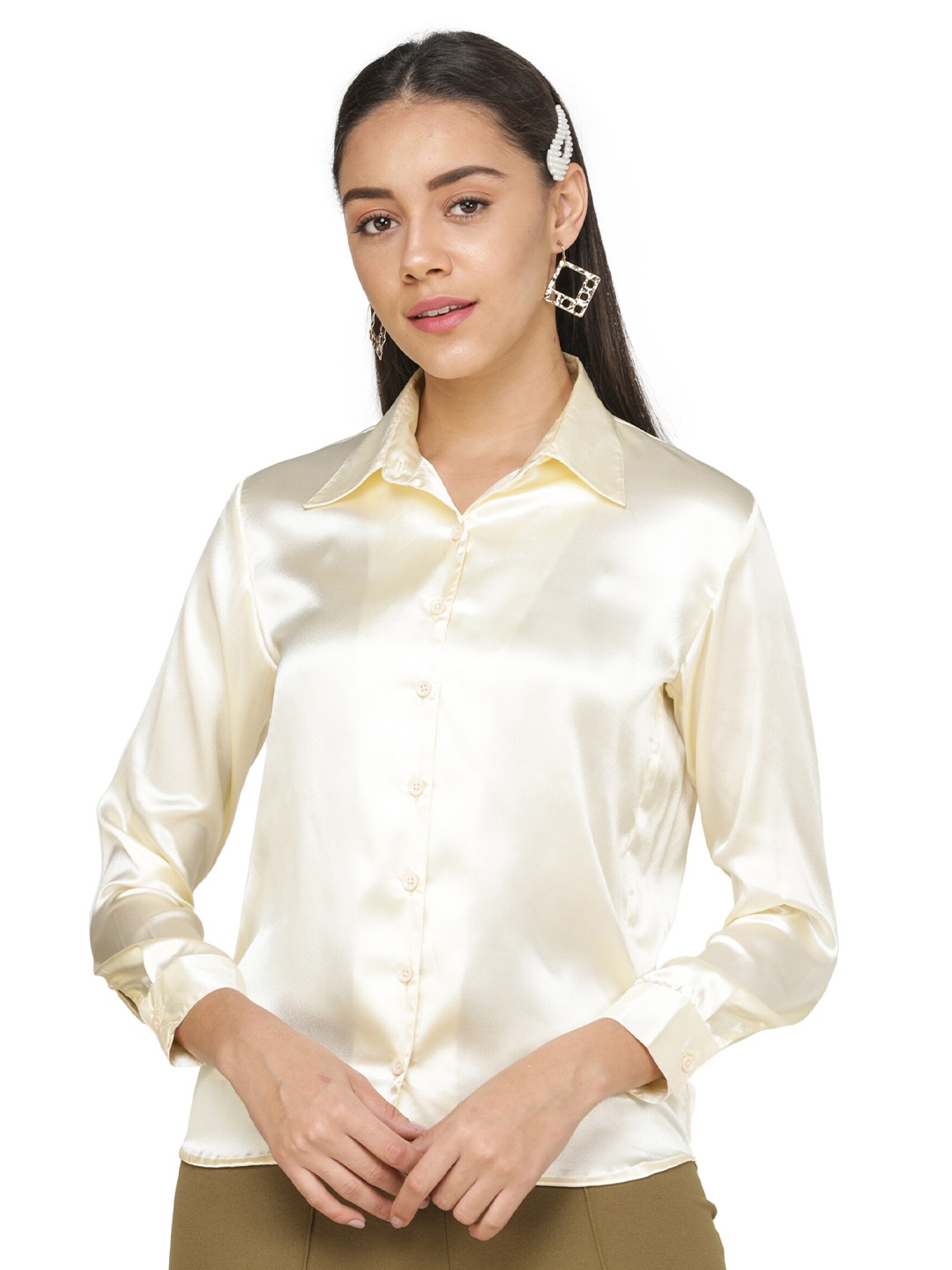 

DECHEN Women Off White Slim Fit Casual Shirt