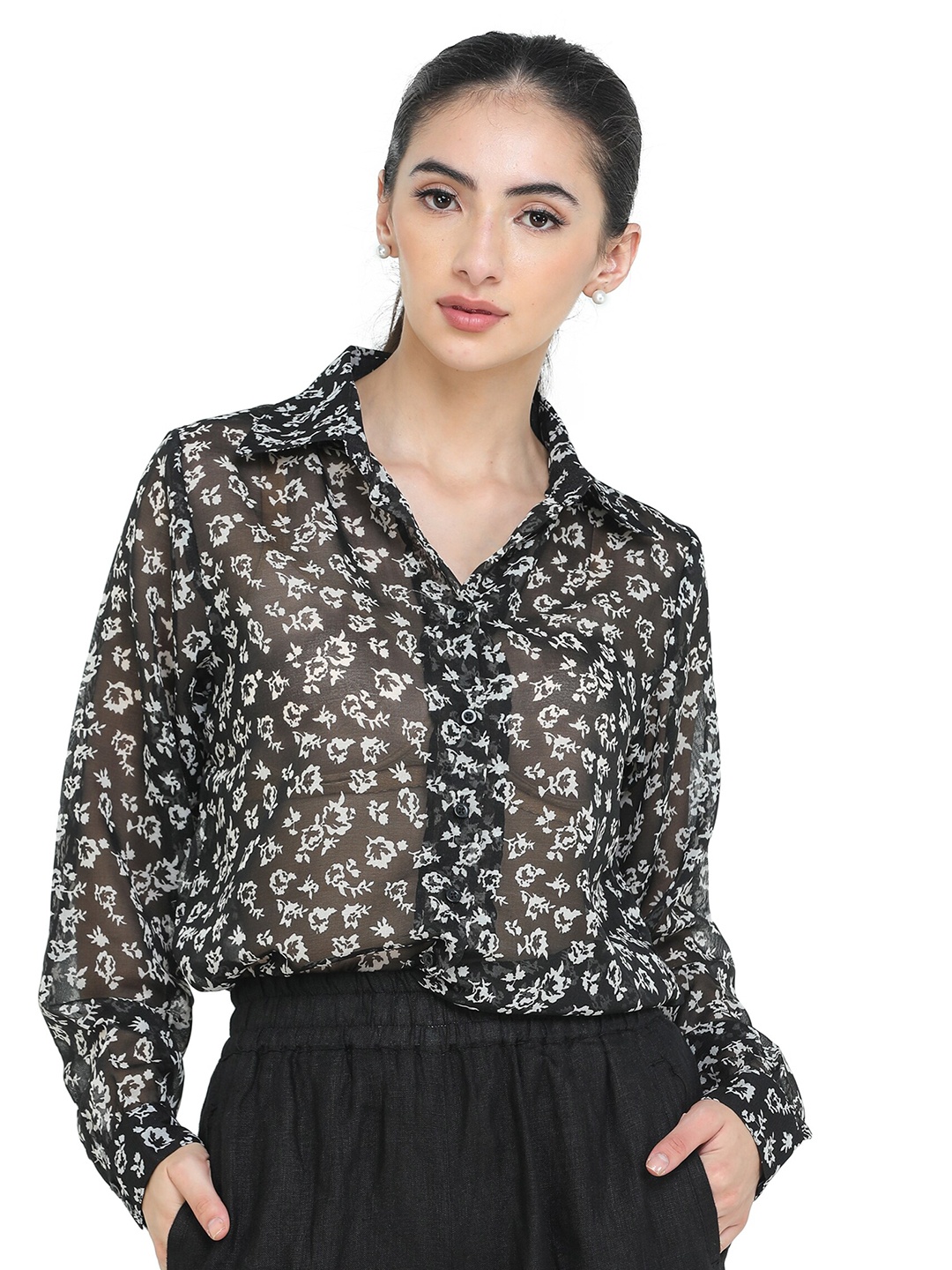 

DECHEN Women Black Slim Fit Printed Casual Shirt