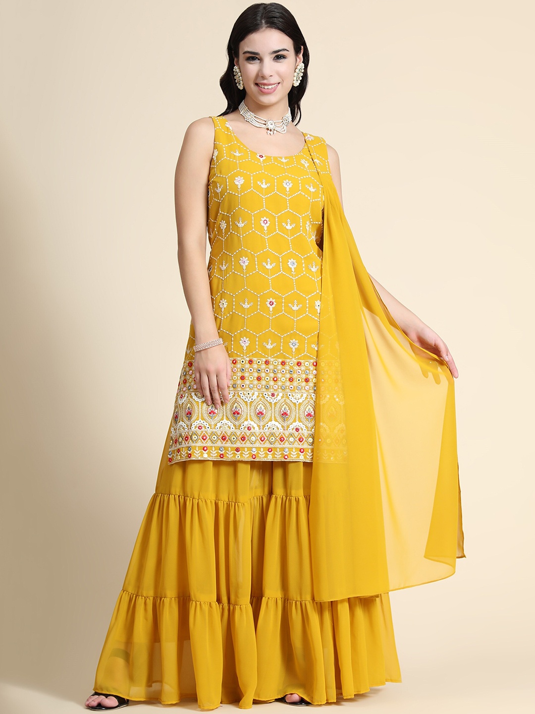 

KALINI Women Mustard Yellow Floral Embroidered Kurta with Sharara & Dupatta