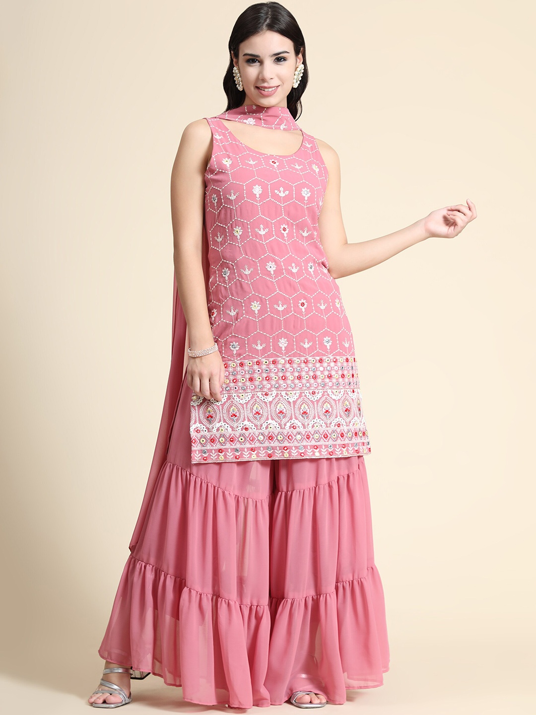 

KALINI Women Pink Floral Embroidered Kurta with Sharara & Dupatta