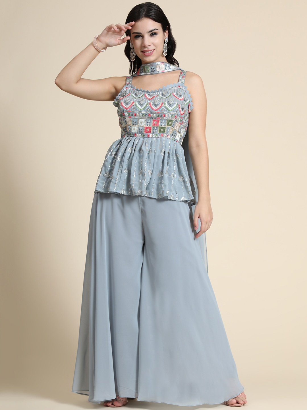 

KALINI Women Grey Floral Embroidered Pleated Sequinned Kurti with Palazzos & With Dupatta