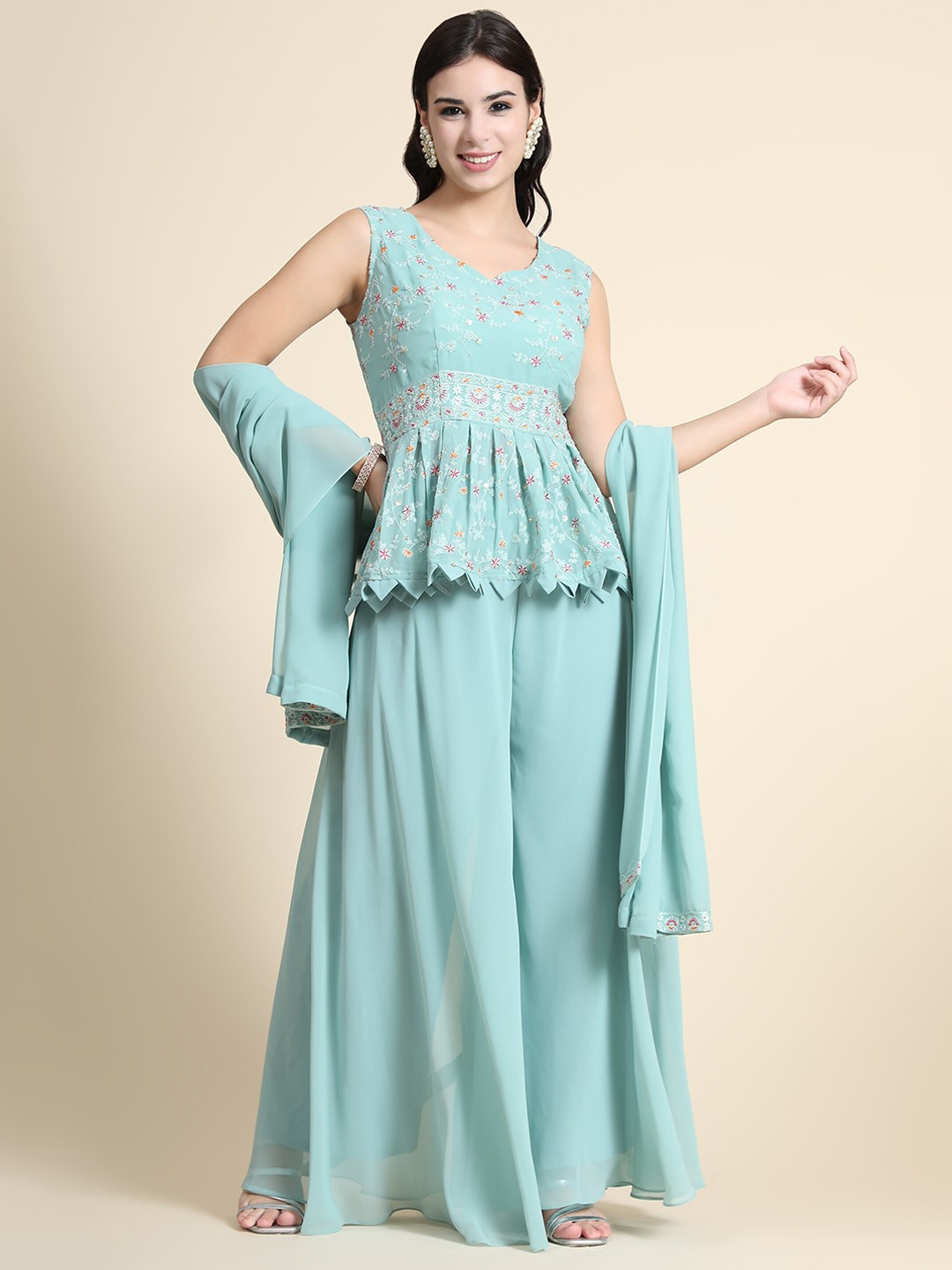 

KALINI Women Blue Floral Embroidered Pleated Thread Work Kurti with Palazzos & With Dupatta