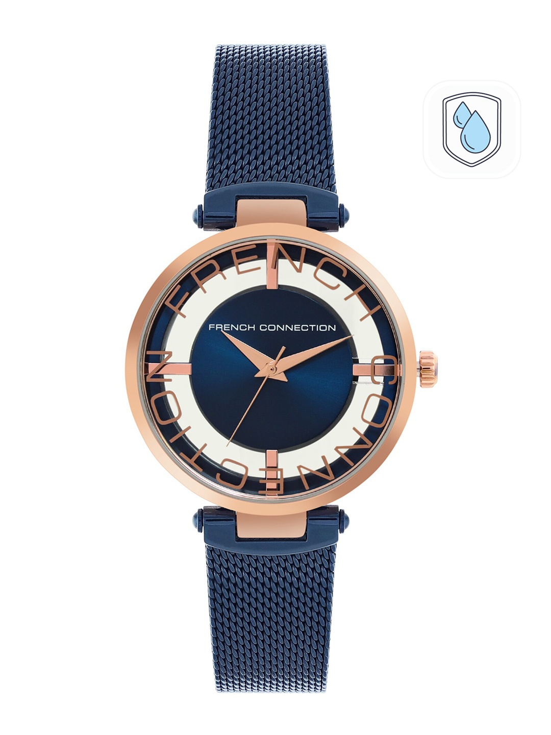 

French Connection Women Blue Embellished Dial & Blue Stainless Steel Bracelet Style Straps Analogue Watch, Navy blue